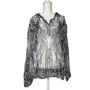 CASUAL‎ STUDIO Sheer Zebra Print Neck Long Sleeve Button Up Blouse Top Women's L